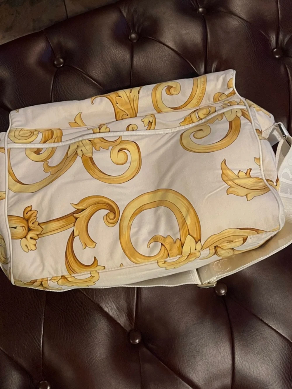 Versace Vintage Cream Messenger Bag with Gold Baroque Print